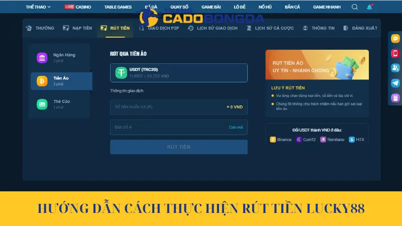 Hướng dẫn cách thực hiện rút tiền Lucky88