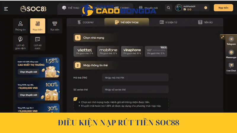 Điều kiện nạp rút tiền Soc88