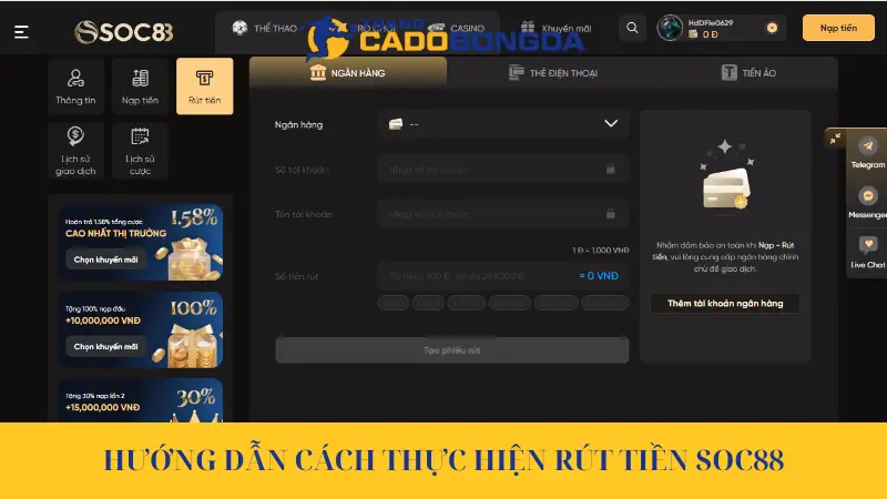 Hướng dẫn cách thực hiện rút tiền Soc88