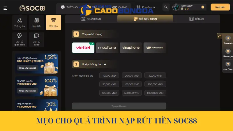 Mẹo cho quá trình nạp rút tiền Soc88